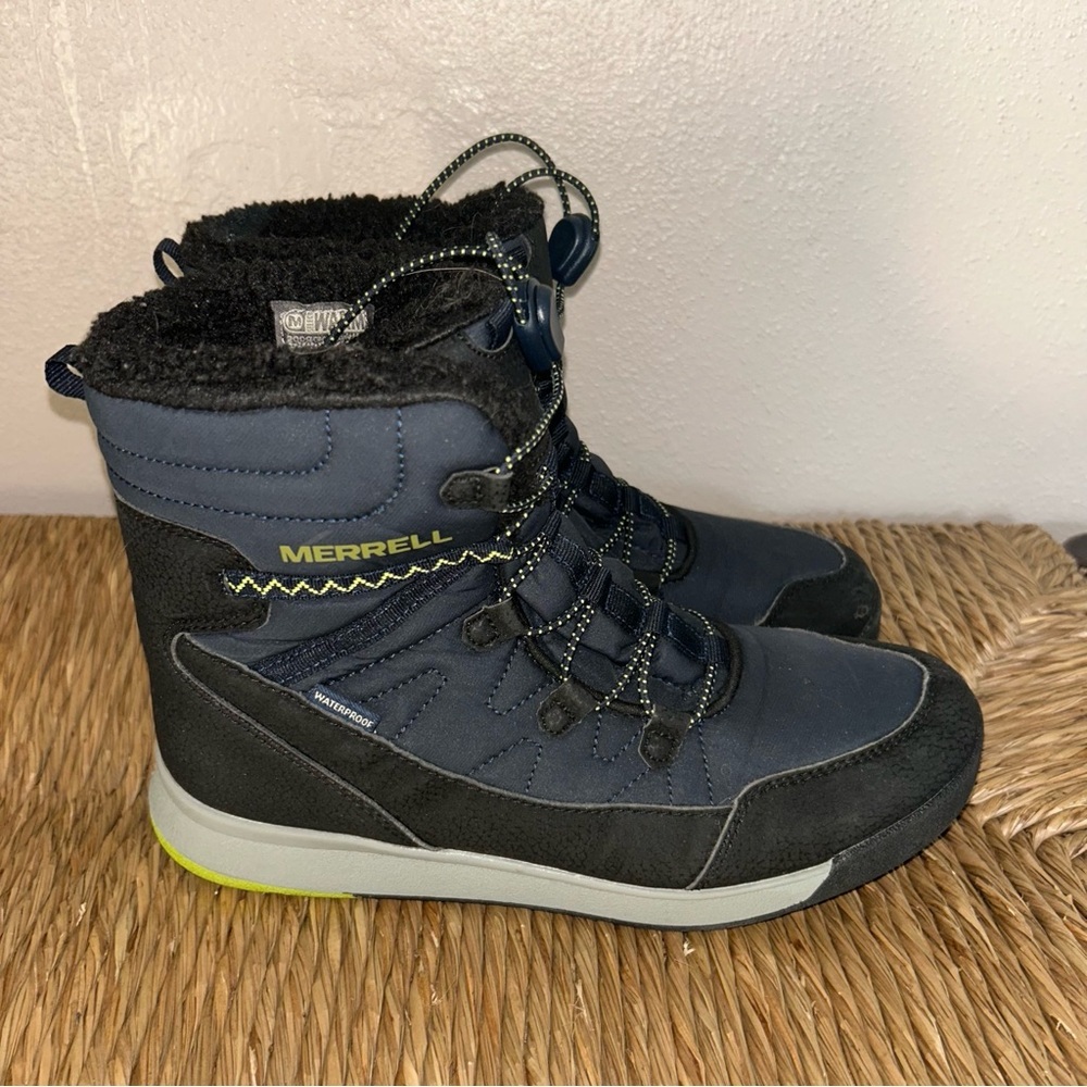 Merrell women’s ' Navy and Black Waterproof Winter Boots with Lime Accent